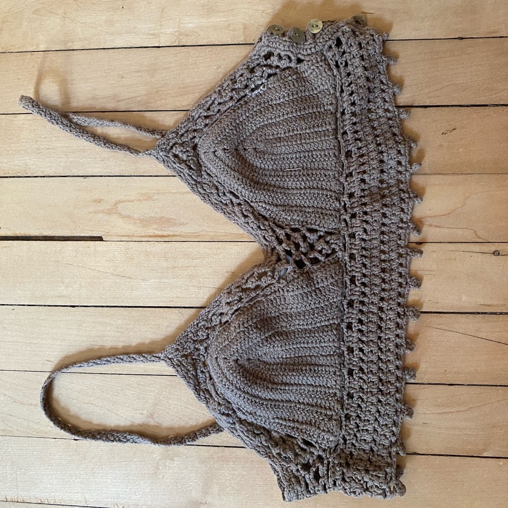 Knitted bra top with shell beads. UO.